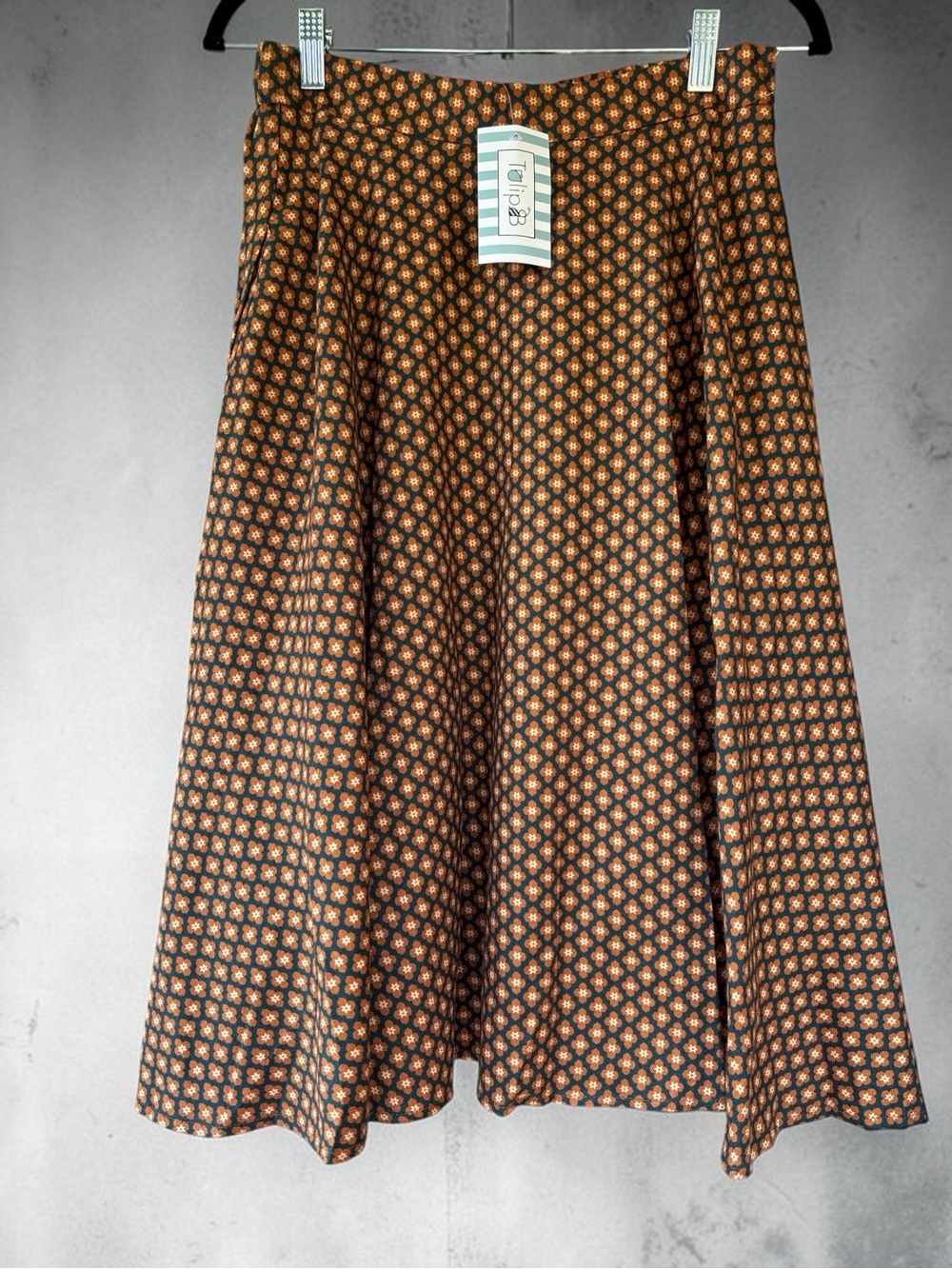 Patterned Midi A-Line Skirt in Brown and Black